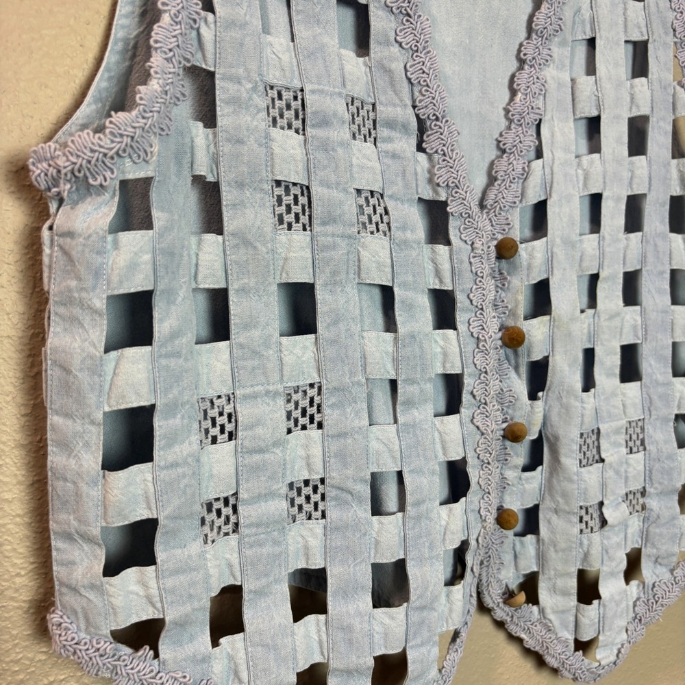 Vintage 90s Christina Hope Light Wash Denim Woven Cutout Vest Small Bohemian - Picture 3 of 11